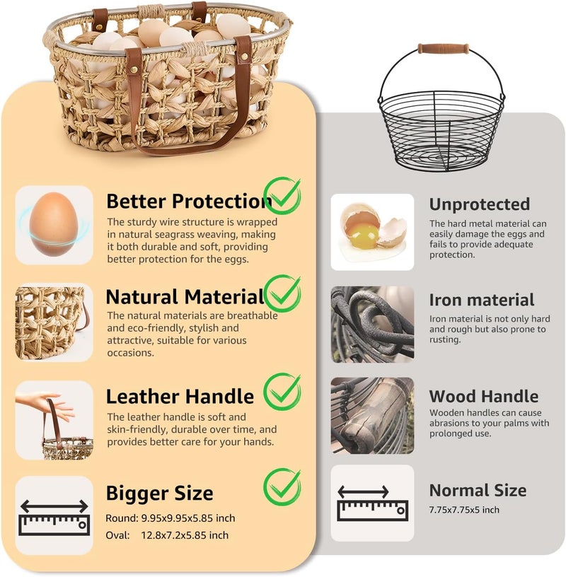 LGENHOOM Egg Baskets for Collecting Fresh Eggs Farmhouse Handmade Wicker Hyacinth Egg Collecting Basket with Handle - Image 5